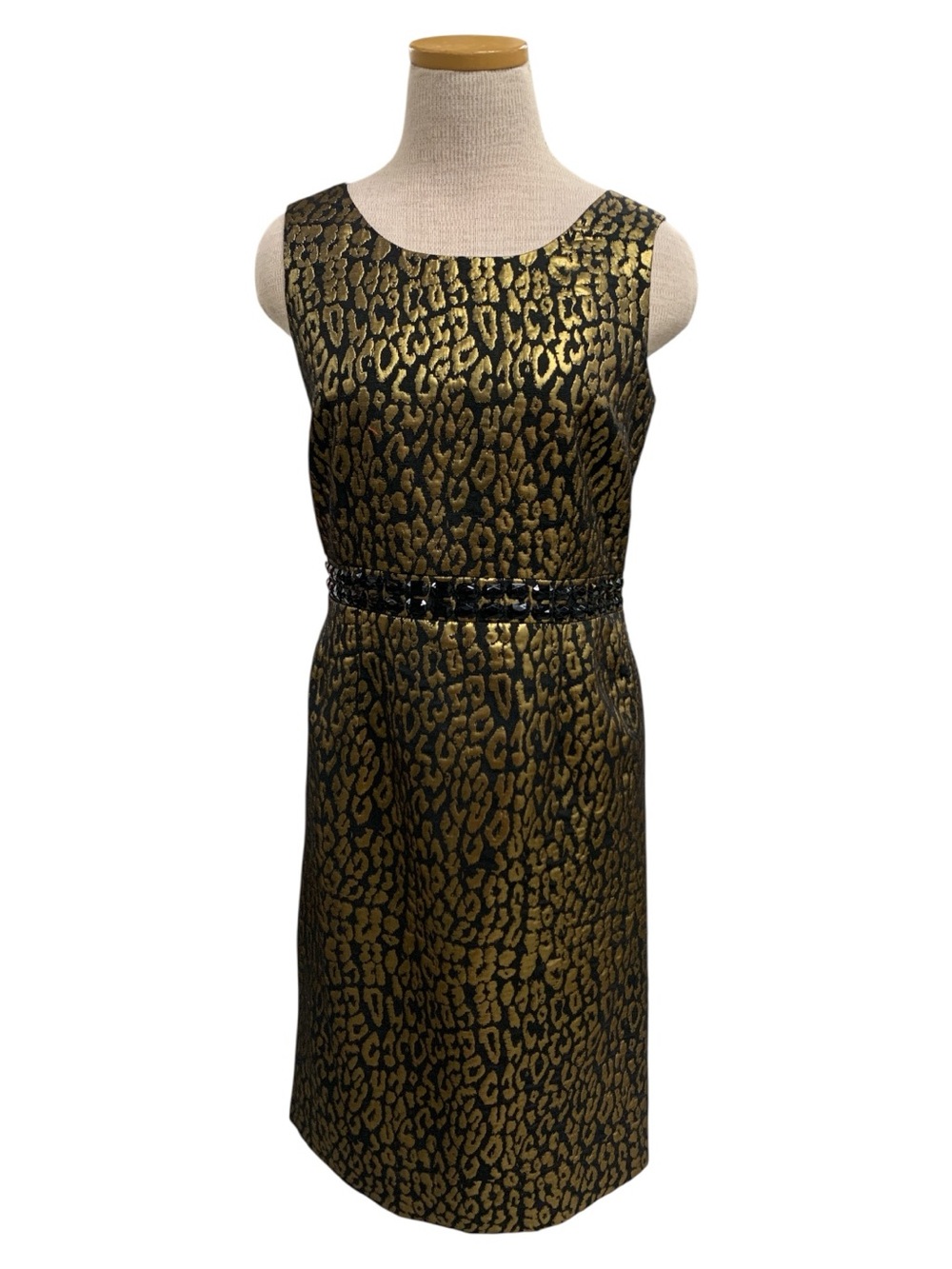 Kasper Gold and Black Leopard-Print Midi Sheath Dress Size S